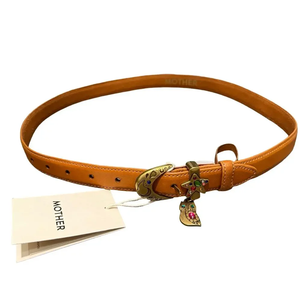 Mother Denim Charm School Brown Owl Star Moon Boho Leather Belt size M NEW Tags